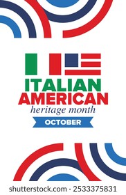 Italian American Heritage Month. Happy holiday celebrate annual in October. Italy and United States flag. Culture month. Patriotic design. Poster, card, banner, template. Vector illustration