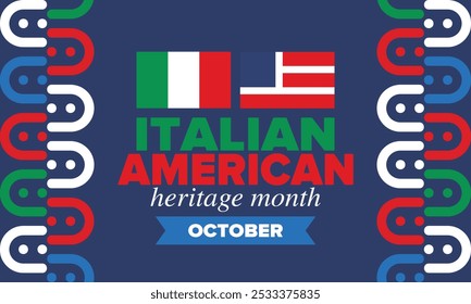 Italian American Heritage Month. Happy holiday celebrate annual in October. Italy and United States flag. Culture month. Patriotic design. Poster, card, banner, template. Vector illustration