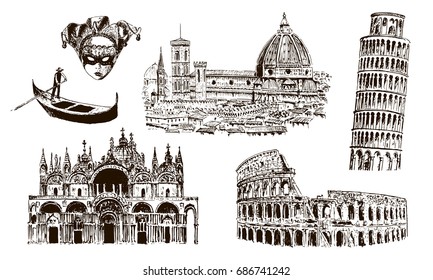 Símbolos arquitetônicos italianos: Coliseu, Duomo Santa maria del fiore, torre pisan, Basílica di San Marco, gôndola, máscara carnaval.. ilustração esboço vetorial. Para impressões,, publicidade, Cidade Scape