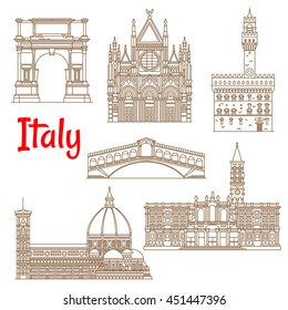 Italian architecture icons, thin line style. Santa Maria Maggiore church and Siena Cathedral, Cathedral of Saint Mary of the Flower and Palazzo Vecchio, Arch of Titus and Rialto Bridge