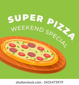 Italian authentic recipe of food with dough, pepperoni and basil leaves, tomatoes and cheese. Super pizza special for weekend in restaurant. Promotional banner or advertising. Vector in flat style