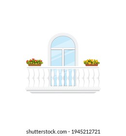 Italian balcony, fence with pillars, stone balustrades and flower cachepots isolated window and railing. Vector Spanish or Mexican balcony with flower pots, building or hotel, home facade exterior