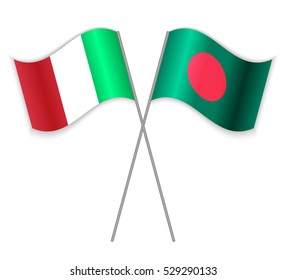 Italian and Bangladeshi crossed flags. Italy combined with Bangladesh isolated on white. Language learning, international business or travel concept.