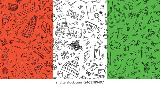 Italian  Banner Travel Doodle Line Art Illustration. Hand Drawn Vector Clip Art on background flag