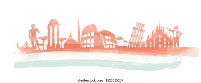 italian banner watercolor with symbol monument on flag