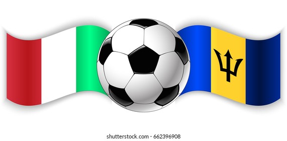 Italian and Barbadian wavy flags with football ball. Italy combined with Barbados isolated on white. Football match or international sport competition concept.