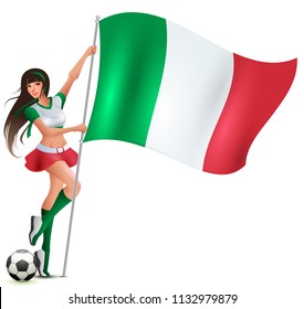 Italian beauty woman soccer fan holding flag. Isolated on white vector cartoon illustration