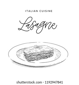 italian beef pasta lasagne on a plate, sketch style vector illustration