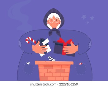 Italian Befana delivering gift and candy to the children's houses through the chimney or fireplace. Smiling old woman or hag on the eve of the Feast of the Epiphany. Festa dell'Epifania. 