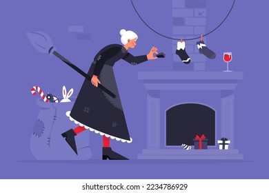 Befana italiana llena calcetines con dulces y un trozo de carbón. Víspera de la fiesta de la epifanía. Entregar regalos a las casas de los niños a través de la chimenea. Ilustración vectorial plana.