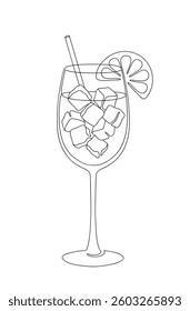 Italian bitter aperitif cocktail in a tall glass. Line art style icon. Continuous line drawing vector illustration.