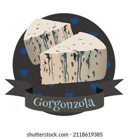 Italian blue cheese Gorgonzola. Colorful illustration for cafe, restaurant menu, logo, label or food packaging.Traditional farm product.