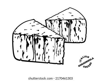 Italian blue cheese Gorgonzola. Outline doodle style illustration for cafe, restaurant menu, logo, label or food packaging.Traditional farm product.