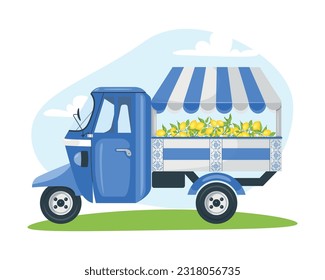 Italian blue and white Ape car design with lemons