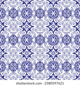 Italian blue and white ceramic tile pattern. Mediterranean porcelain pottery. Ethnic folk ornament. Mexican talavera, portuguese azulejo, spanish majolica, delft, italian motifs, arabesque. EPS 