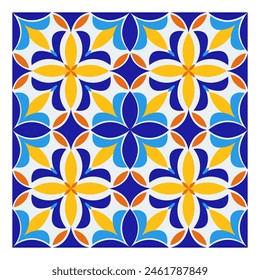 Italienisch blau, weiß, gelb Keramikfliesen-Design. Porzellan-Keramik aus dem Mittelmeerraum. Ethnische Volksverzierung. mexikanisches Talavera, portugiesisches Azulejo, spanisches Majolika, arabisches Motiv. Vektorillustration