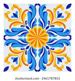 Italian blue, white, yellow ceramic tile design. Mediterranean porcelain pottery. Ethnic folk ornament. Mexican talavera, portuguese azulejo, spanish majolica, arabesque motif. Vector illustration