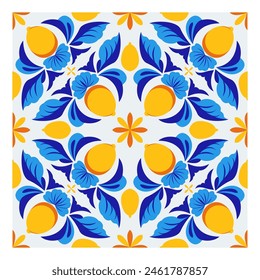 Italian blue, white, yellow ceramic tile design. Mediterranean porcelain pottery. Ethnic folk ornament. Mexican talavera, portuguese azulejo, spanish majolica, arabesque motif. Vector illustration