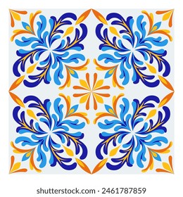 Italian blue, white, yellow ceramic tile design. Mediterranean porcelain pottery. Ethnic folk ornament. Mexican talavera, portuguese azulejo, spanish majolica, arabesque motif. Vector illustration