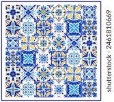 Italian blue and yellow ceramic tile pattern. Mediterranean porcelain pottery. Ethnic folk ornament. Mexican talavera, portuguese azulejo, spanish majolica, arabesque motif. Vector illustration