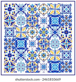 Italian blue and yellow ceramic tile pattern. Mediterranean porcelain pottery. Ethnic folk ornament. Mexican talavera, portuguese azulejo, spanish majolica, arabesque motif. Vector illustration