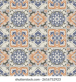 Italian blue and yellow ceramic tile pattern. Mediterranean porcelain pottery. Ethnic folk ornament. Mexican talavera, portuguese azulejo, spanish majolica, arabesque motif. Vector illustration
