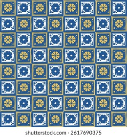 Italian blue and yellow ceramic tile pattern. Mediterranean porcelain pottery. Ethnic folk ornament. Mexican talavera, portuguese azulejo, spanish majolica, arabesque motif. Vector illustration. 