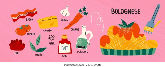 Italian bogneese pasta in tomato sauce with beef. Constructor for dishes of national Italian cuisine. Cartoon illustration of recipe and ingredients for cafe and restaurant