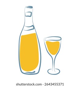 Italian bottle wine, wineglass in doodle style. Hand drawn blue chalk crayon sketch for Italy food menu, cafe, restaurant, wedding, print, invitation. Minimalist flat sticker. Charcoal vector illustra