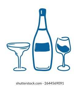 Garrafa italiana de vinho, vinho em estilo doodle. Esboço de giz de giz azul desenhado à mão para menu de comida Itália, café, restaurante, casamento, impressão, convite. Adesivo plano minimalista. Ilusão de vetor de carvão
