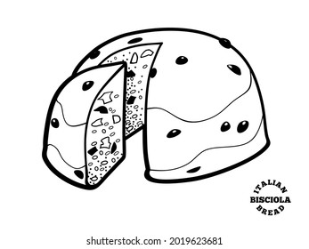 Italian bread bisciola. Vector outline illustration in doodle style for cafe and bakery menu or logo, label and bread packaging. Traditional sweet bread with hazelnuts, figs, raisins, and pine nuts .