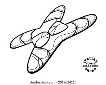 Italienisches Brot Coppia Ferrarese. Vektorgrafik im Doodle-Stil für Café- und Bäckereimenü oder Logo, Etikett und Brotverpackung. Traditionelles Brot aus Ferrara.