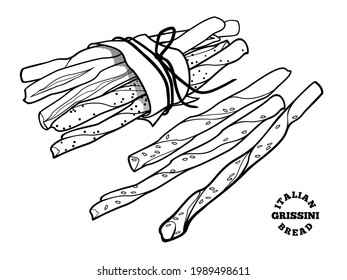 Italian bread grissini. Vector outline illustration in doodle style for cafe and bakery menu or logo, label and bread packaging. Crispy sticks covered with sesam seeds and salt.