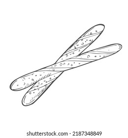 Italian bread grissini. Vector outline illustration in doodle style for cafe and bakery menu or logo, label and bread packaging. Crispy sticks covered with sesam seeds and salt.