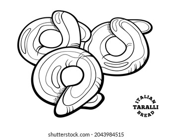 Italian bread taralli. Outline illustration in doodle style for cafe and bakery menu or logo, label and bread packaging. Traditional crispy snack from Puglia.