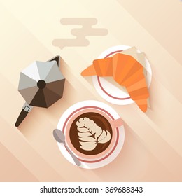 Italian breakfast with a cup of cappuccino, croissant and coffee maker. Concept for menu cafes and bars. Flat lay design with long shadows. Vector illustration.