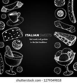 Italian breakfast. Italian dessert vector illustration. Hand drawn sketch. Vintage design template. Cannoli, zabaglione, biscotti, gelato, panforte, bombolone, zeppole, panettone sketch.