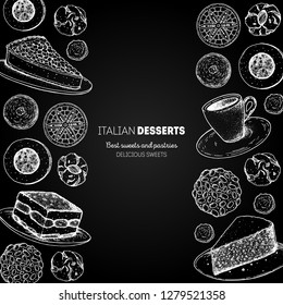 Italian breakfast. Italian dessert vector illustration. Hand drawn sketch. Vintage design template. Panna cotta, tiramisu, bombolone, torta caprese, biscotti, pizzelle illustration. 