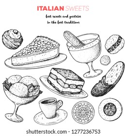  Italienische Frühstückskizze. Italienische Nachspeise, Vektorgrafik. Backing Collection Vintage Design Vorlage. Tiramisu, gelato, torta della nonna, zabaglione, biscotti, zeppole, sfinci grafik 