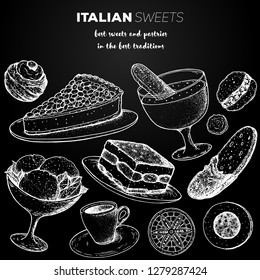 Italian breakfast sketch. Italian dessert vector illustration. Baking collection Vintage design template. Tiramisu, gelato, torta della nonna, zabaglione, biscotti, zeppole, sfinci illustration