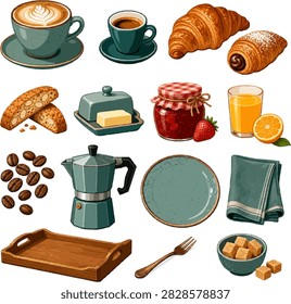 Italian Café Breakfast vector illustration collection with cappuccino and espresso and croissant and cornetto.