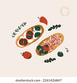 Italienische Bruschetta. Brot mit Tomaten und Basilikum. Vektorgrafik.