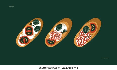 Italian bruschetta. Bread with tomatoes with basil and meat. Textured retro illustration