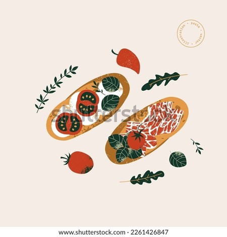 Italian bruschetta. Bread with tomatoes and basil. Vector illustration.