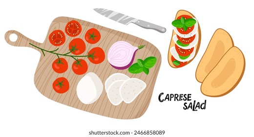 Italian Bruschetta. Cooking vegetarian open sandwich. Slicing tomatoes and mozzarella on chopping board. Cooking process on white background. Design for menu cafe, cooking class, recipe, cookbook