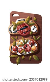 Italian bruschetta on the cutting board. Toasted bread with tomatoes, cheese, basil, balsamic vinegar. Italian food, healthy eating, cooking, recipes, restaurant menu concept. Vector illustration.