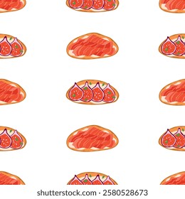 Italian Bruschetta Seamless Pattern. Open Sandwiches with Prosciutto Crudo and Cream Cheese; and Fig, Cream Cheese, and Herbs. Perfect for textile, packaging, and menu design