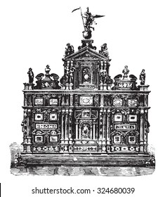 Italian cabinet furniture, ebony, inlaid mosaic Florence (sixteenth century), vintage engraved illustration. Industrial encyclopedia E.-O. Lami - 1875.
