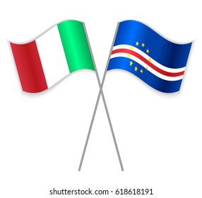 Italian and Cabo Verdean crossed flags. Italy combined with Cabo Verde isolated on white. Language learning, international business or travel concept.