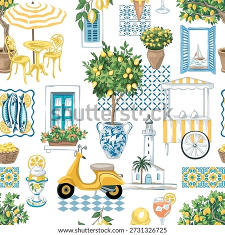 Italian cafe, gelato, lemon tree, sardine fish, lighthouse, tiles, window seamless pattern. Summer resort print.	